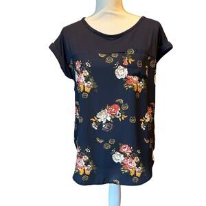 Mason & Belle size medium Cottagecore Fall Vibes short sleeve floral blouse Navy